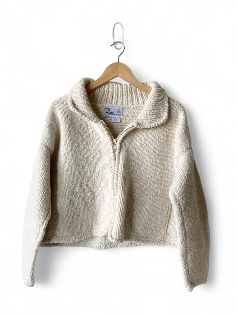 Vintage Del Mundo Wool Cotton Hand-knit Cropped Zip-up Sweater